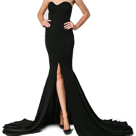 Strapless Asymmetric slit front maxi dress - Black - Picture 2 of 6